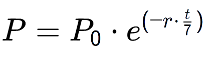 A LaTex expression showing P = P sub 0 times e to the power of (-r times t over 7 )