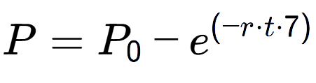A LaTex expression showing P = P sub 0 - e to the power of (-r times t times 7)
