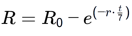 A LaTex expression showing R = R sub 0 - e to the power of (-r times t over 7 )