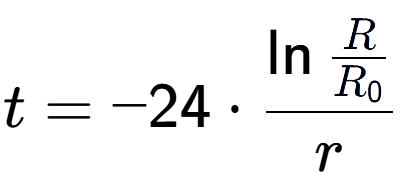 A LaTex expression showing t = -24 times \ln{\frac{R over R sub 0 }}{r}