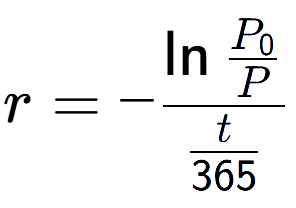 A LaTex expression showing r = -\ln{\frac{P sub 0 over P }}{t over 365 }