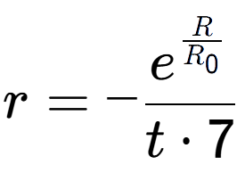 A LaTex expression showing r = -e to the power of \frac{R over R sub 0 }{t times 7}