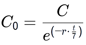 A LaTex expression showing C sub 0 = C over e to the power of (-r times \frac{t {7 )}}