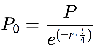 A LaTex expression showing P sub 0 = P over e to the power of (-r times \frac{t {4 )}}