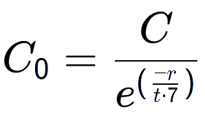 A LaTex expression showing C sub 0 = C over e to the power of (\frac{-r {t times 7 )}}
