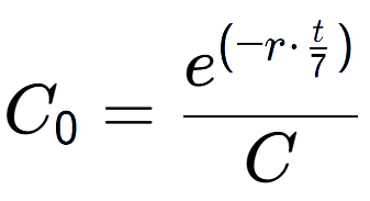 A LaTex expression showing C sub 0 = e to the power of (-r times \frac{t over 7 ) }{C}