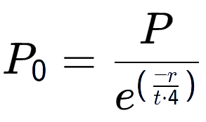 A LaTex expression showing P sub 0 = P over e to the power of (\frac{-r {t times 4 )}}