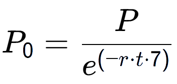 A LaTex expression showing P sub 0 = P over e to the power of (-r times t times 7)