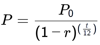 A LaTex expression showing P = P sub 0 over (1 - r) to the power of ( \frac{t {12 )}}