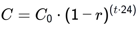 A LaTex expression showing C = C sub 0 times (1 - r) to the power of ( t times 24)