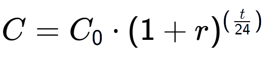 A LaTex expression showing C = C sub 0 times (1 + r) to the power of ( t over 24 )