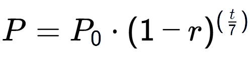 A LaTex expression showing P = P sub 0 times (1 - r) to the power of ( t over 7 )