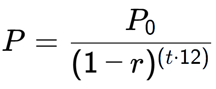 A LaTex expression showing P = P sub 0 over (1 - r) to the power of ( t times 12)