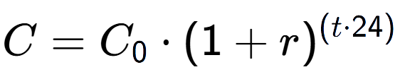 A LaTex expression showing C = C sub 0 times (1 + r) to the power of ( t times 24)