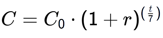 A LaTex expression showing C = C sub 0 times (1 + r) to the power of ( t over 7 )