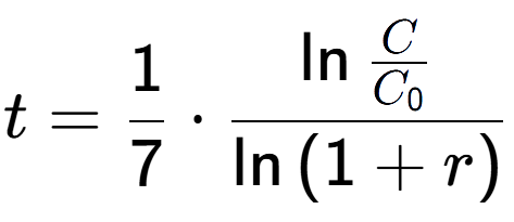 A LaTex expression showing t = 1 over 7 times \ln{\frac{C over C sub 0 }}{\ln{(1+r)}}