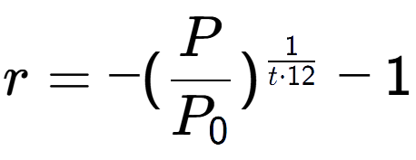 A LaTex expression showing r = -(P over P sub 0 ) to the power of 1 over t times 12 - 1