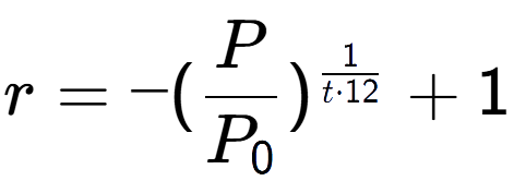 A LaTex expression showing r = -(P over P sub 0 ) to the power of 1 over t times 12 + 1