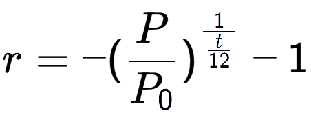 A LaTex expression showing r = -(P over P sub 0 ) to the power of 1 over \frac{t {12 } } - 1