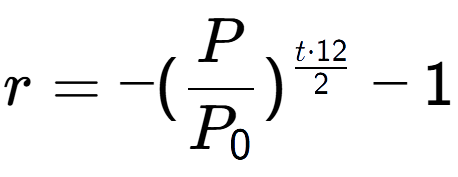 A LaTex expression showing r = -(P over P sub 0 ) to the power of t times 12 over 2 - 1