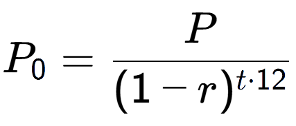 A LaTex expression showing P sub 0 = P over (1-r) to the power of t times 12
