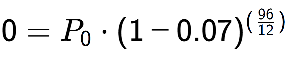 A LaTex expression showing 0 =P sub 0 times (1-0.07) to the power of (96 over 12 )