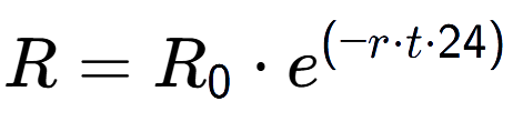 A LaTex expression showing R = R sub 0 times e to the power of (-r times t times 24)