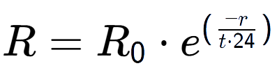 A LaTex expression showing R = R sub 0 times e to the power of (-r over t times 24 )