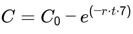 A LaTex expression showing C = C sub 0 - e to the power of (-r times t times 7)