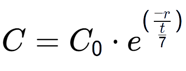 A LaTex expression showing C = C sub 0 times e to the power of (-r over \frac{t {7 })}