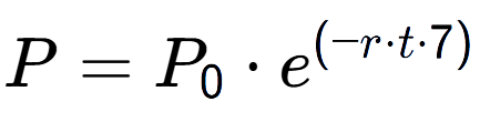 A LaTex expression showing P = P sub 0 times e to the power of (-r times t times 7)