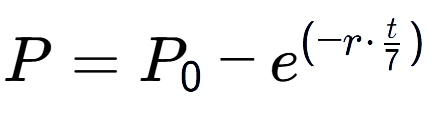 A LaTex expression showing P = P sub 0 - e to the power of (-r times t over 7 )