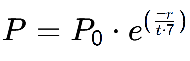 A LaTex expression showing P = P sub 0 times e to the power of (-r over t times 7 )