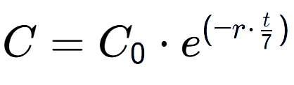 A LaTex expression showing C = C sub 0 times e to the power of (-r times t over 7 )