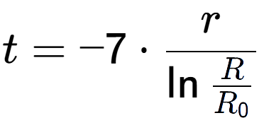 A LaTex expression showing t = -7 times r over \ln{\frac{R {R sub 0 }}}