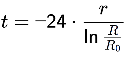 A LaTex expression showing t = -24 times r over \ln{\frac{R {R sub 0 }}}
