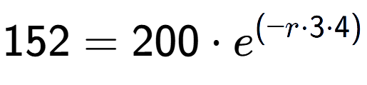 A LaTex expression showing 152 =200 times e to the power of (-r times 3 times 4)