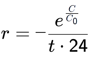 A LaTex expression showing r = -e to the power of \frac{C over C sub 0 }{t times 24}