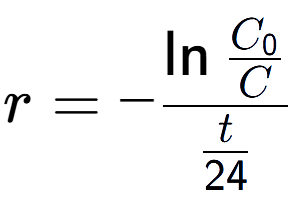 A LaTex expression showing r = -\ln{\frac{C sub 0 over C }}{t over 24 }