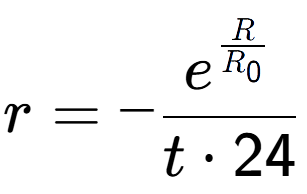 A LaTex expression showing r = -e to the power of \frac{R over R sub 0 }{t times 24}