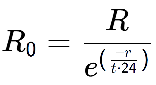A LaTex expression showing R sub 0 = R over e to the power of (\frac{-r {t times 24 )}}