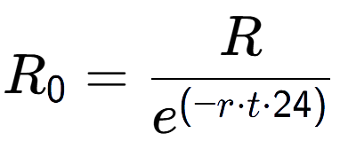 A LaTex expression showing R sub 0 = R over e to the power of (-r times t times 24)