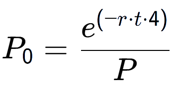 A LaTex expression showing P sub 0 = \frac{e to the power of (-r times t times 4) }{P}