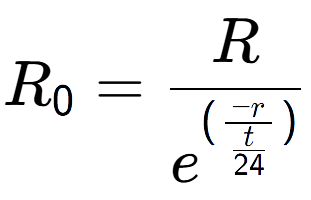 A LaTex expression showing R sub 0 = R over e to the power of (\frac{-r {t over 24 )}}