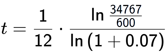 A LaTex expression showing t = 1 over 12 times \ln{\frac{34767 over 600 }}{\ln{(1+0.07)}}