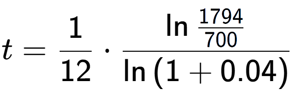 A LaTex expression showing t = 1 over 12 times \ln{\frac{1794 over 700 }}{\ln{(1+0.04)}}