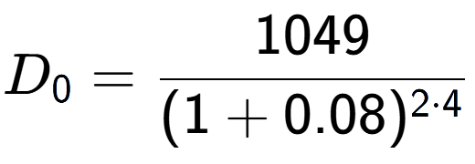 A LaTex expression showing D sub 0 = 1049 over (1+0.08) to the power of 2 times 4