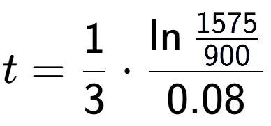 A LaTex expression showing t = 1 over 3 times \ln{\frac{1575 over 900 }}{0.08}