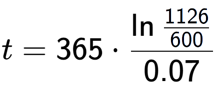 A LaTex expression showing t = 365 times \ln{\frac{1126 over 600 }}{0.07}