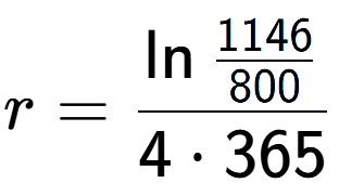 A LaTex expression showing r = \ln{\frac{1146 over 800 }}{4 times 365}